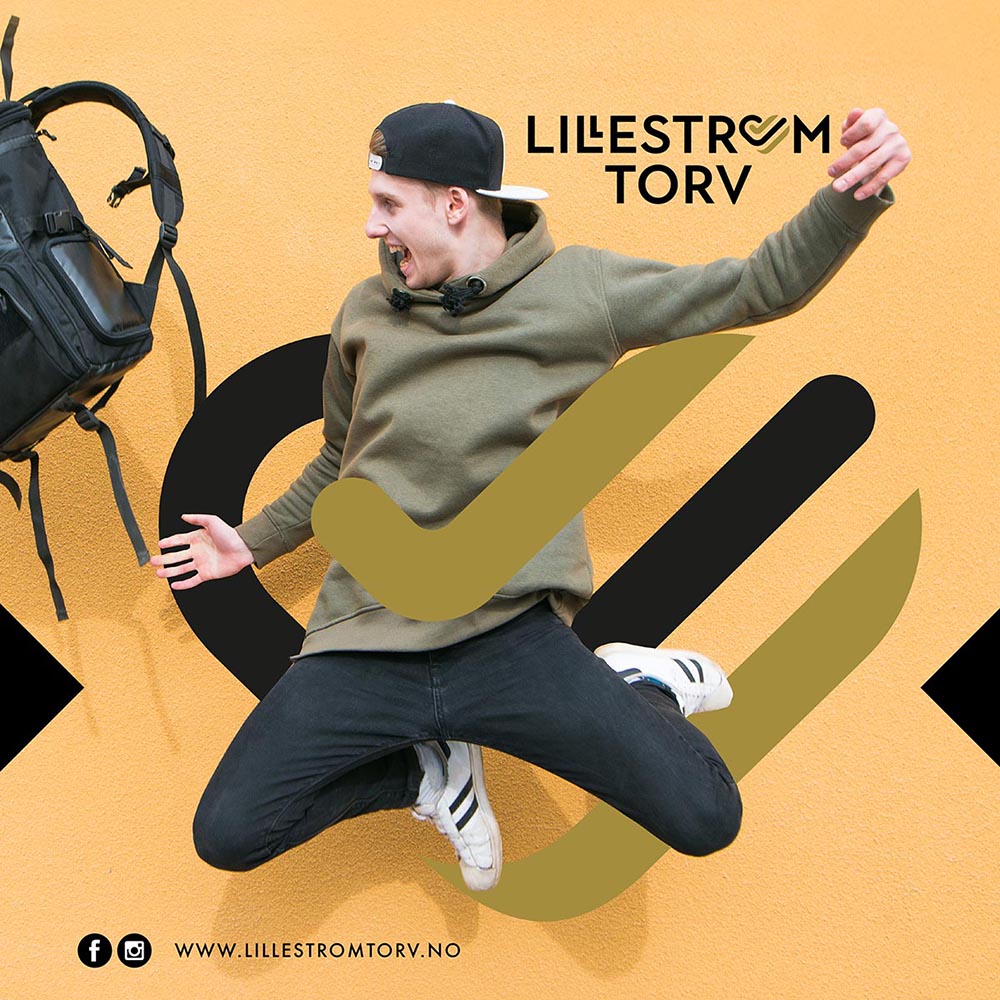 Gutt med sekk hopper, grafiske elementer og Lillestrøm Torv logo