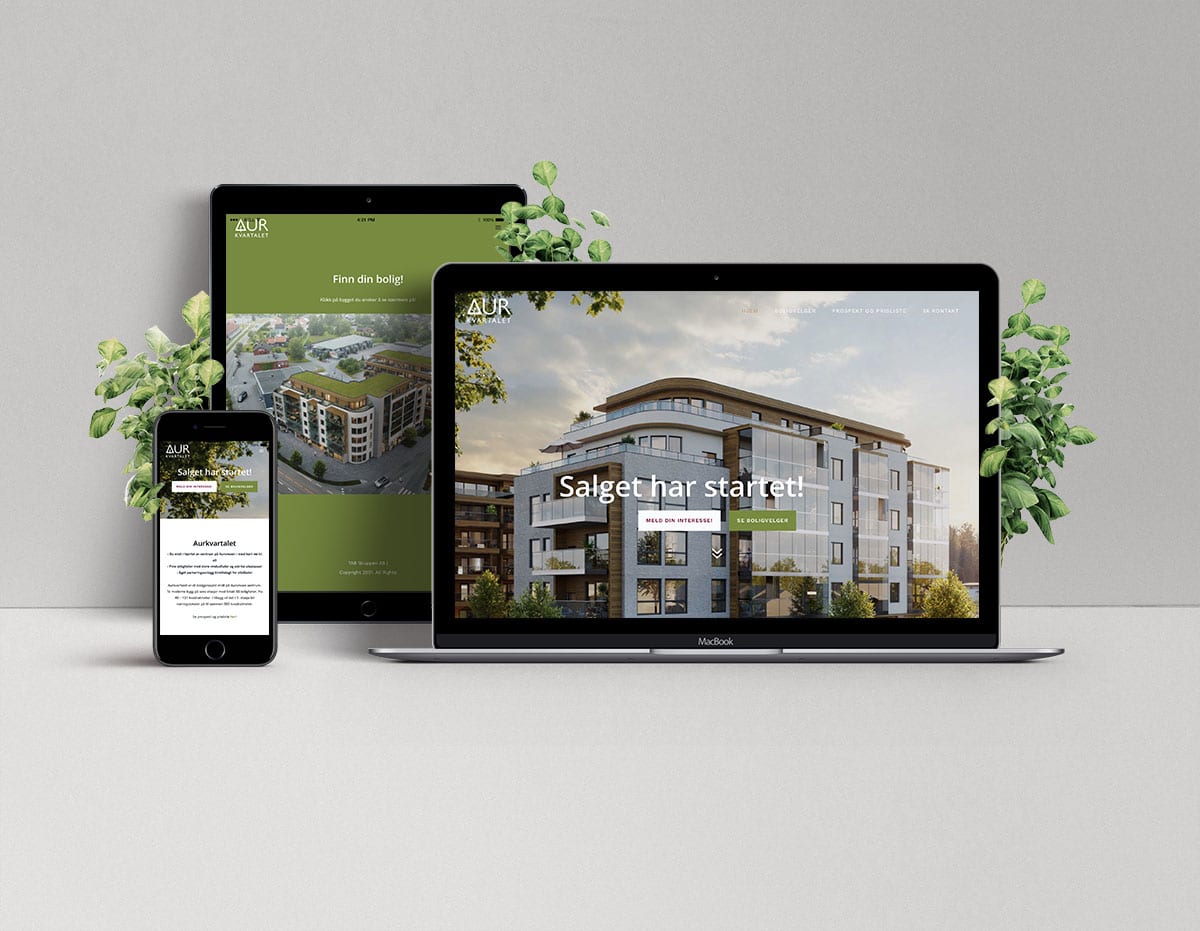 Mockup av websider for Aurkvartalet, vist på desktop, nettbrett og mobil